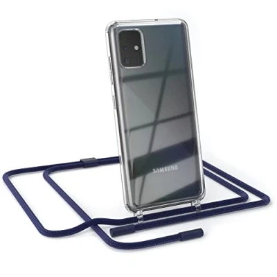 Abbildung von EAZY CASE kombinierbare Handyketten kompatibel mit Samsung Galaxy A51, Transparente Silikon Hülle rundem Umhängeband, abnehmbar durch abschraubbare Endstücke, Wechselgurt, Nacht Blau