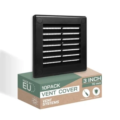 Abbildung von Vent Systems 100x100 mm 10 Stück Schwarze Lüftungsabdeckung flache, quadratische Lüftungsschlitze Integrierter Insektenschutz HVAC Lüftungsöffnungen für Badezimmer, Heimbüro