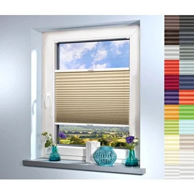 Abbildung von Sun World Plissee nach Maß, deutsche Wertarbeit, hochqualitative für Fenster und Türen, alle Größen, Maßanfertigung, Jalousie, Faltrollo (Farbe: Beige, Höhe: 101 110cm, Breite: 110cm)