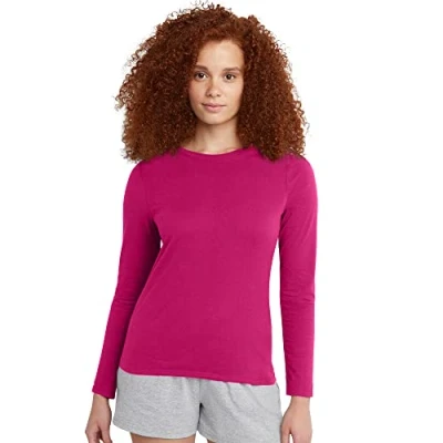 Abbildung von Hanes Damen Originals Langarmshirt aus Baumwolle, leichtes T Shirt mit Rundhalsausschnitt, Moderne Passform Hemd, Sizzling Pink, Klein