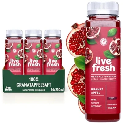 Abbildung von LiveFresh Kaltgepresster Granatapfelsaft Kaltgepresst aus frischen Kernen Keine Zusätze, kein zusätzlicher Zucker inkl. 6 Pfand (24 x 250ml)