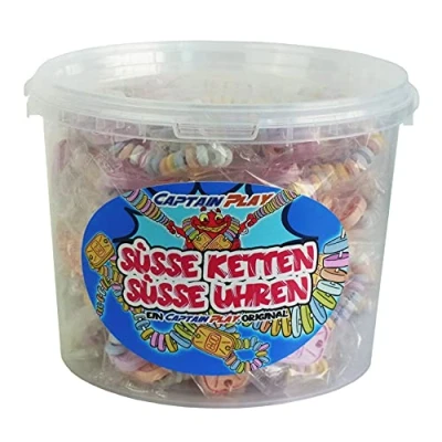 Abbildung von CAPTAIN PLAY Retro Süßigkeiten Box mit Süße Uhren und Ketten Mix, 50 Stück in Einzelverpackung, 1er Pack (1 x 762g)
