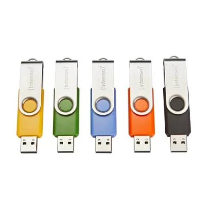 Abbildung von Intenso Basic Line 5X 32 GB USB Sticks 2.0 mit praktischen Beschriftungsetiketten, Gelb, Grün, Schwarz, Blau + Orange, silbernem Metallbügel