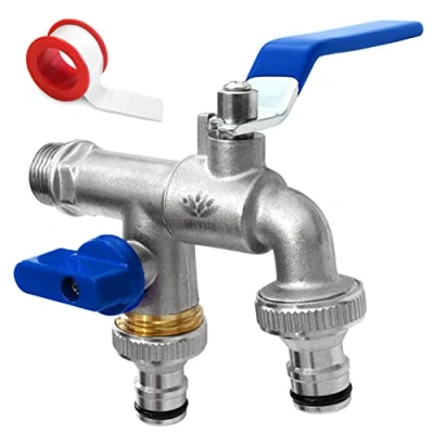 Abbildung von SHYNE Premium 3/4 Zoll Doppel Wasserhahn aus Messing rost , und frostsicher + 2X Gratis Schlauchanschlüsse PTFE Band Ebook für Garten, Waschmaschine, Regentonne (2er Pack)