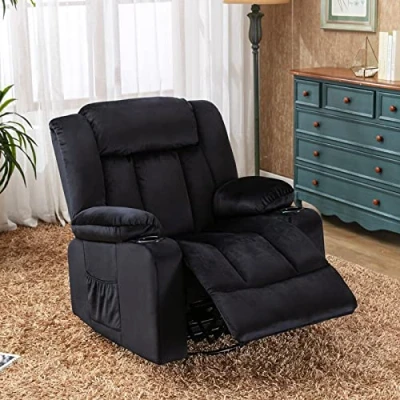 Abbildung von COMHOMA Elektrischer Lounge Sessel, Massagesessel, Heizfunktion, Rückenlehne verstellbar 90 160, Fußstütze, einziehbar, mit 2 Getränkehaltern, Seitentaschen, Schwarz