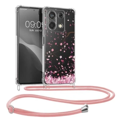 Abbildung von kwmobile Necklace Case kompatibel mit Xiaomi Redmi Note 13 5G Hülle Silikon Cover Handykette Rosa Dunkelbraun Transparent Kirschblütenblätter
