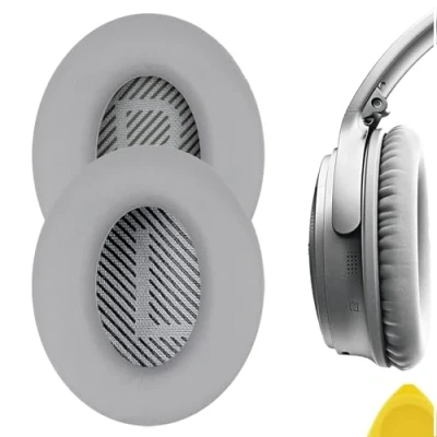 Abbildung von Geekria QuickFit Protein Leder Ersatz Ohrpolster für Bose QuietComfort QC45 QC35 ii Gaming SoundLink Around Ear 2 Kopfhörer Headset Reparaturteile (Grau)