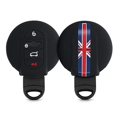 Abbildung von kwmobile Autoschlüssel Hülle kompatibel mit Mini 3 Tasten Smart Key Schlüsselhülle Union Jack Streifen Rot Blau Schwarz