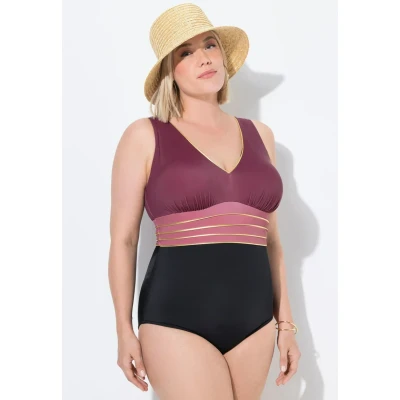 Abbildung von Ulla Popken Damen große Größen Übergrößen Plus Size Badeanzug Laura, Goldgürtel