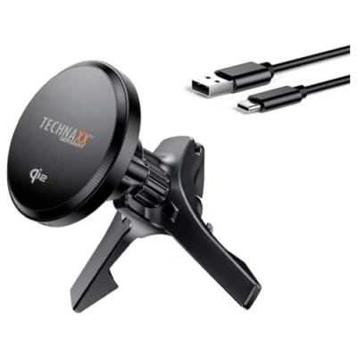 Abbildung von Technaxx Magnetisches Autoladegerät 15W, Qi2 Auto Halterungsladegerät TX 323, Lüftungsschlitz Handyhalter mit Metallring, USB A zu C Kabel Kabelloses Laden für iPhone 12+ &amp; Qi fähige Smartphones