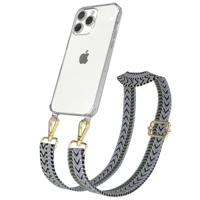 Abbildung von EAZY CASE Handykette mit verstellbarem Trageriemen für iPhone 15 Pro Max Taschengurt zum Wechseln transparenter Handyhülle Hülle dünner Schulterriemen in Lila Grün Gold