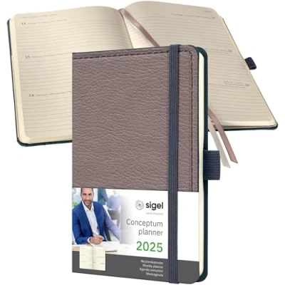 Abbildung von SIGEL C2552 Terminplaner Wochenkalender 2025, Lederoptik, ca. A6, taupe, Hardcover, 176 Seiten, Gummiband, Stiftschlaufe, Archivtasche, aus nachhaltigem Papier, Conceptum