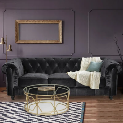 Abbildung von Grand Canapé Chesterfield 3 Sitzer Sofa mit Samtbezug Schwarz Menzzo