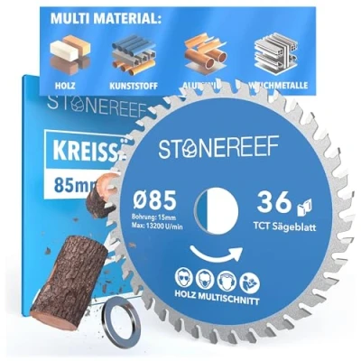 Abbildung von STONE REEF Sägeblatt 85x15 Kreissägeblatt [inkl. Adapter auf Bohrung 20 &amp;16mm], kompatibel mit Winkelschleifer von Bosch, Makita usw. Kreissäge Nagelfest für Holz, Metall &amp; Alu