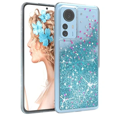 Abbildung von EAZY CASE Hülle kompatibel mit Xiaomi 12 Pro Schutzhülle Flüssig Glitzer, Handyhülle, Schutzhülle, Back Cover Glitter Flüssigkeit, TPU/Silikon, Transparent/Durchsichtig, Blau