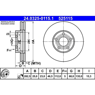 Abbildung von ATE PowerDisc 24.0325 0115.1 Bremsscheibe 282,5 25,0 5 112,0 Belüftet beschichtet hochgekohlt VOLKSWAGEN: Passat B5 GP Variant, Variant