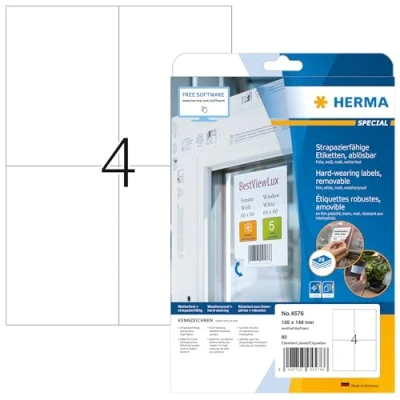 Abbildung von HERMA 4576 Wetterfeste Folienetiketten ablösbar, 20 Blatt, 105 x 148 mm, 4 pro A4 Bogen, 80 Stück, selbstklebend, bedruckbar, matt, blanko Klebeetiketten Aufkleber aus Folie, weiß