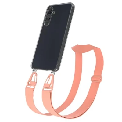 Abbildung von EAZY CASE Hülle mit Band kompatibel Samsung Galaxy A55 Handyhülle Umhängeband für Silikonhülle Transparent Schutzhülle Handykette zum Umhängen Handykordel Smartphone in Rosa Coral