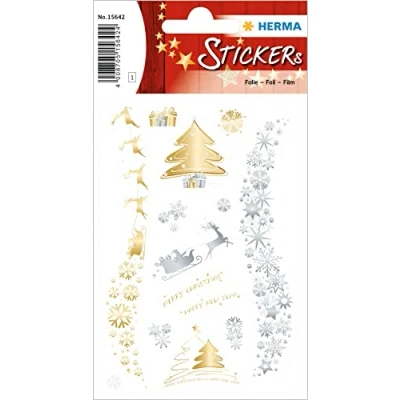 Abbildung von HERMA 15642 Aufkleber Weihnachtsmotive Gold Silber, 14 Stück, Weihnachten Sticker mit Weihnachtsbaum Motiv, Kinder Etiketten für Weihnachtsdeko Geschenke Adventskalender Dekoration Briefe DIY Basteln