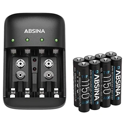 Abbildung von ABSINA Akku Ladegerät AA AAA &amp; 9V Block inkl. 8X 1150 Akkus NiMH Batterien 4 Fach für aufladbare wiederaufladbar mit Batterie Set