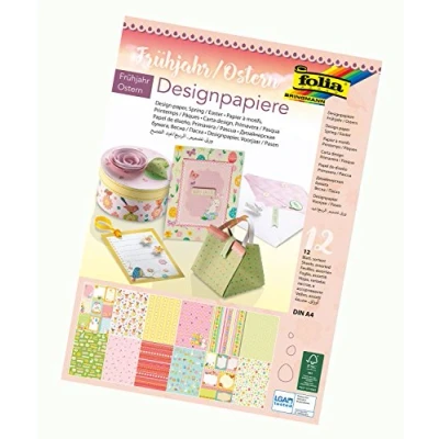 Abbildung von folia 11749 Designpapier Block Frühjahr / Ostern, DIN A4, 165 g/qm, 12 Blatt hochwertig illustriertes Papier mit Glitterapplikation