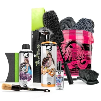 Abbildung von Nuke Guys Felgen &amp; Reifen Reinigungsset Felgenreiniger 1l mit Indikator + Mikrofaser Felgenbürste Felgenversiegelung 100ml Felgenpinsel Felgenhandschuh Reifenglanz Reifenbürste Tuch