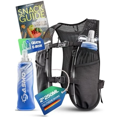 Abbildung von SASMO® Laufweste Damen &amp; Herren 5L + 2x250 Soft Flask Running Vest Ultraleicht 270g atmungsaktiv Laufrucksack 8 Taschen Trinkweste Laufen Trinkrucksack