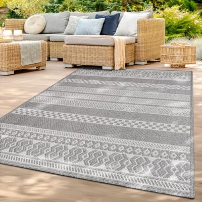Abbildung von TT Home In &amp; Outdoor Teppich Wetterfest Balkon Küche Wohnzimmer Boho Rauten Design, Farbe: Grau Weiß, Größe:200x280 cm