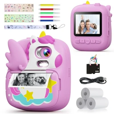 Abbildung von CAMCLID Kinderkamera Sofortbildkamera, 2,4 Zoll Sofortbildkamera Kinder mit 32G TF Karte und Fotopapier Drucken, 1080P HD Digitalkamera Kinder, Geschenke für Jungen Mädchen 3 12 Jahre (Lila)