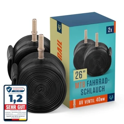Abbildung von Alphatrail MTB Fahrradschlauch 26 Zoll Rick AV Autoventil 2X Set mit Mobilitätsgarantie I Kompatible Fahrradreifen Schwalbe, Continental UVM. Fahrrad Schlauch