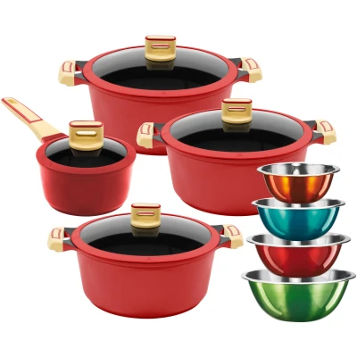 Abbildung von KING Topf Set &quot;GOURMET&quot;, Aluminiumguss, (Set, 12 tlg., je 1 Kochtopf 16/20/24 cm, Stieltopf 18 4 Schüsseln), Antihaft Beschichtung, Induktion