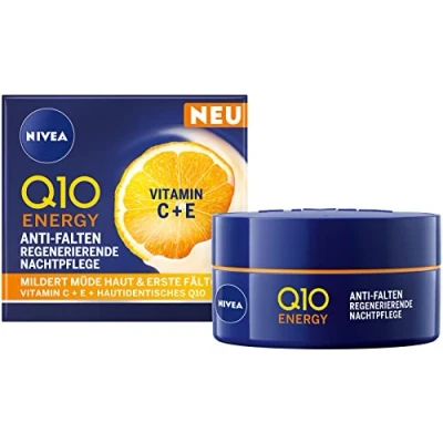 Abbildung von NIVEA Q10 Energy Anti Falten Nachtpflege, feuchtigkeitsspendende Nachtcreme mit Q10,Vitamin E und C, Gesichtspflege mildert Fältchen strafft die Haut, Regenerierende Nachtpflege (50 ml)