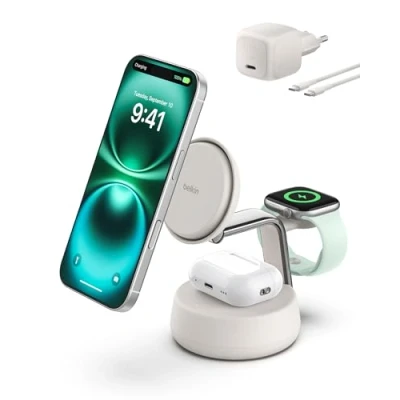Abbildung von Belkin UltraCharge Qi2 Induktive Ladestation, 3 in 1 Ladegerät MagSafe kompatibel, 25W, Wireless Charger für iPhone 16, Apple Watch, AirPods, Pixelsnap mit Lüfter und 45 W Adapter Sandfarben