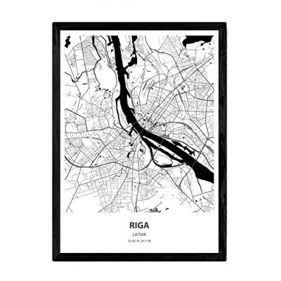 Abbildung von Nacnic Poster mit Karte von Riga Lettland. Blätter Städte in Europa Meeren und Flüssen schwarz weiß. A3