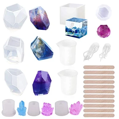 Abbildung von NA Woohome Silikon Formen 22 Stücke Silikonform Epoxidharz Form Enthalten Stein, Kristall, Würfel, Diamant, Mini Quallenharzform und Messbecher für Schmuck Handwerk DIY