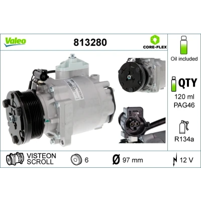 Abbildung von VALEO 813280 Kompressor 12 PAG 46 R 134a mit Kompressoröl FORD: Transit Connect Mk1 Kastenwagen, Tourneo