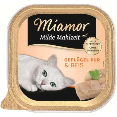 Abbildung von MIAMOR Milde Mahlzeit Nassfutter für ausgewachsene Katzen mit Filetstückchen vom Geflügel. Leicht verdauliches Ergänzungsfutter im Schälchen ohne Zusatzstoffe 16x100g Geflügel Pur &amp; Reis
