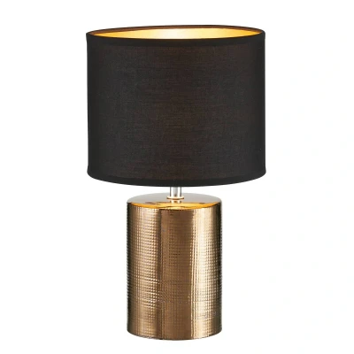 Abbildung von Fischer &amp; Honsel Tischleuchte, Bronz bronzefarben antik Stoffschirm schwarz Chintz/innen goldfarben H: 35,00 cm, D: 20,00 cm mit Schnurschalter 1x E14 max. 25 Watt ohne Leuchtmittel 50657