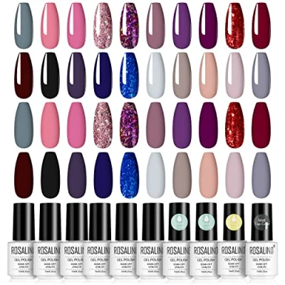 Abbildung von ROSALIND 24 Pieces UV Nagellack Set, 20 Farbe Gel Nude Grau Schwarz Dunkelblau Dunkelrot Glitzern Shellac Set Soak Off Nail Polish With Top Base Coat and Matte