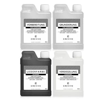 Abbildung von CREVIVE Lederfarbe Set Farbe wählbar für die optimale Lederfärbung Lederreiniger, Grundierung, Lederfarbe, Versiegelung, je 500 ml Schwarz Glänzend