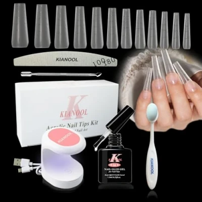 Abbildung von Nail Tips and Glue Gel Kit, 420 Stück Coffin Ballerina für gelnägel mit Leitlinien, Mehrere Formen Mandel Quadrat nageltips gelnägel, X Extension Set und Nagelkleber UV Lampe