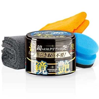 Abbildung von detailmate Soft99 Auto Versiegelungs Wachs Set für dunkle Lacke Mirror Shine Wax Dark + Handpolierschwamm Applikator Mikrofaser Poliertuch 550GSM 40x40cm