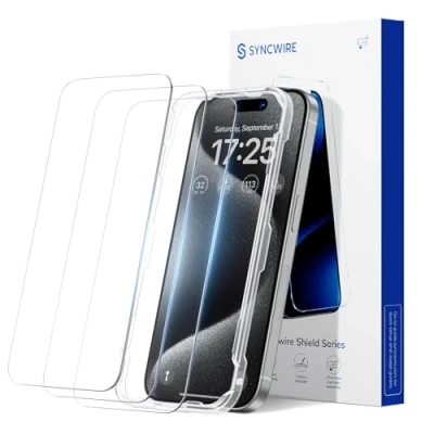 Abbildung von Syncwire Displayschutzfolie für iPhone 15 Pro, Bruchsicheres Gehärtetes Glas [Einfache Installationsrahmen] [9H Härte] [99,99% HD Klar] [Hüllenfreundlich] [Blasenfrei] Apple 6,1 Zoll,3 Pack