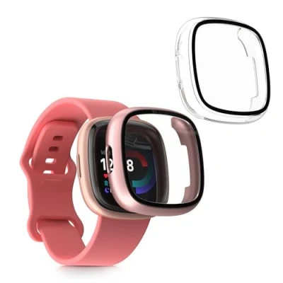 Abbildung von kwmobile 2X Cover kompatibel mit Fitbit Versa 4 / Sense 2 Hülle Fullbody Fitnesstracker Case Set aus Glas Transparent Altrosa