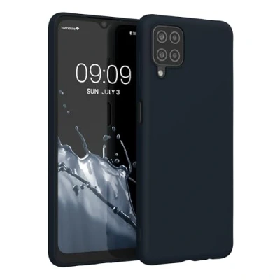 Abbildung von kwmobile Hülle kompatibel mit Samsung Galaxy A12 weiches TPU Silikon Case Cover geeignet für kabelloses Laden Dunkelblau