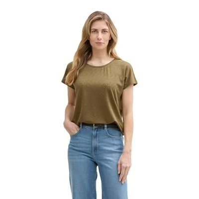 Abbildung von TOM Tailor Ajour CREW NECK Tshirt basic, Damen, Größe: Large, Nutria olive