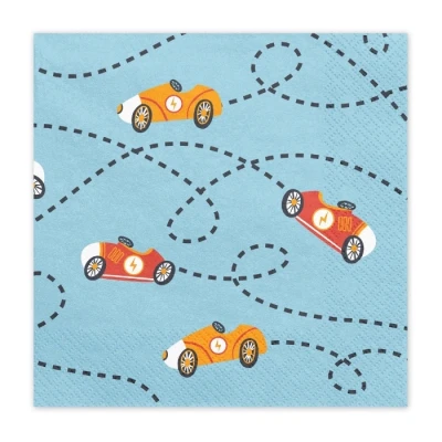 Abbildung von Servietten Papier 33x33cm 3 lagig 12 Stück hochwertig &amp; nachhaltig Einweg Tischservietten mit Auto Motiv Rennauto Papierservietten für Kindergeburtstag Junge Geburtstag Hellblau