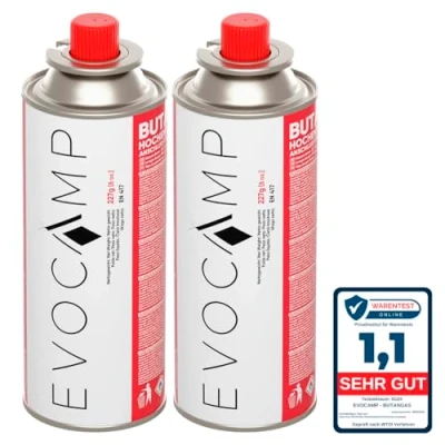 Abbildung von EVOCAMP 2X Stück Butan Gaskartuschen 227g Typ MSF 1a Bajonett Ventil ideal für Campingkocher, Gasheizung, Unkrautbrenner, Camping Gas Butangas Kartusche, Universaldruckgasdose und BBQ