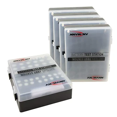 Abbildung von ANSMANN Batteriebox inkl. Akkutester für AAA Micro, AA Mignon &amp; 9V Block Akkus und Batterien Akkubox zum Schutz Transport 48 Accus Batterie Box Akku zur Aufbewahrung 5 Stück, schwarz