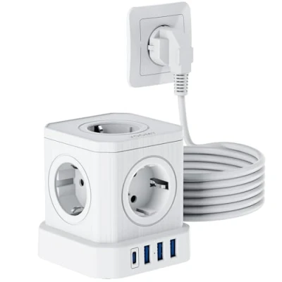 Abbildung von Mehrfachsteckdose Voomy Cube S6, 5 m, 4 USB Ladeports mit eingebautem Micro Ladeanschluss, Weiß